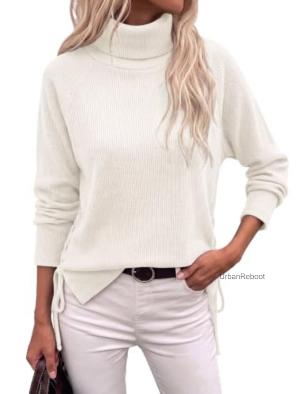 Turtleneck Oversized Ribbed Knit Sweater Side Slit Pullover